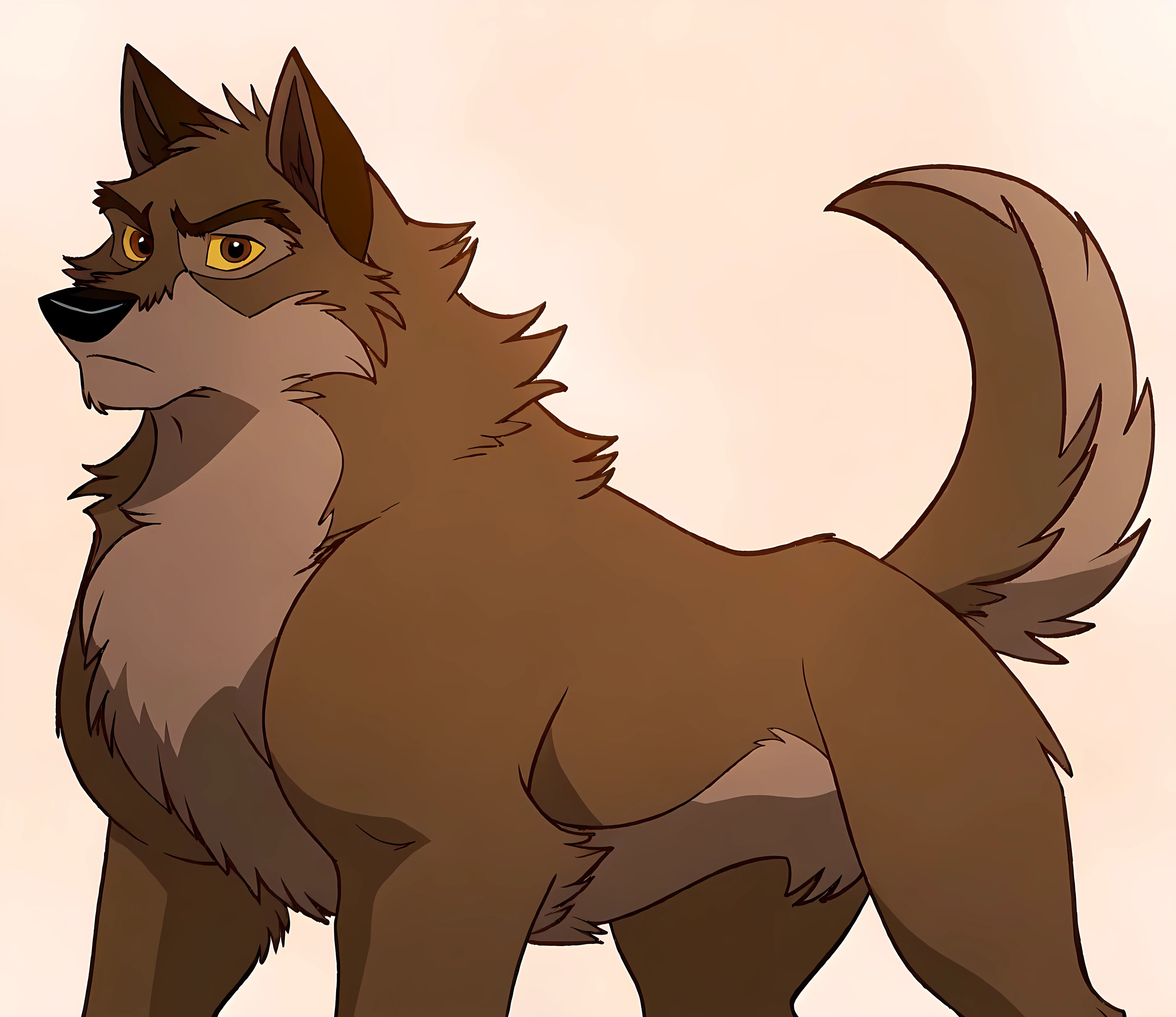 balto, full body, feral, detailed, detailed eyes, quadruped, muscular, pectorals:1.1, wfa anatomy, high quality, male, masculine, adult, wolf body, wolf tail, brown iris, yellow sclera, cartoon shading, cel shaded:1.0, white background, stern eyes