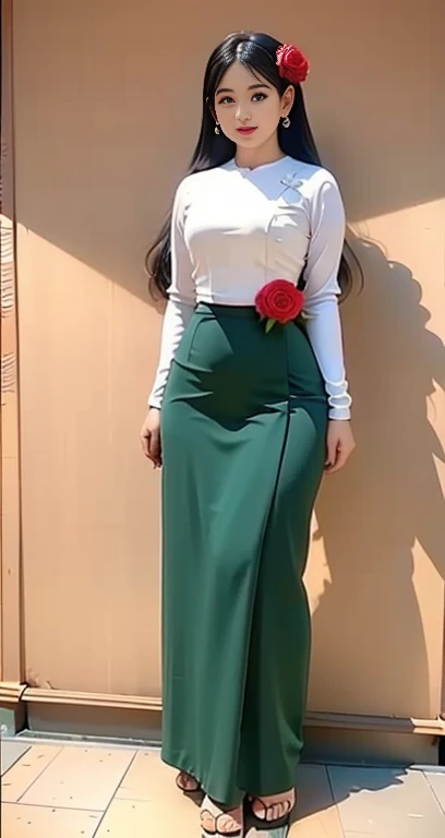Burmese girl blue red Silk dress attractive curvy full body.  Friends full-length bikini, ( Dress too shiny dress) reflective long dress painted with flower patterns, only dress.  hi gh hips  High resolution  High resolution  natural background  High resolution  HD  3D,  8K cartoon anime 