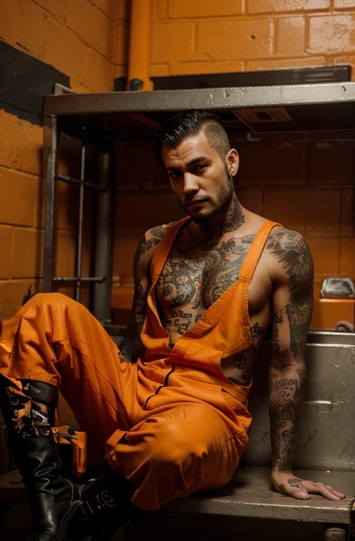 A tattooed man sits in prison wearing an orange prison jumpsuit and black rubber boots
