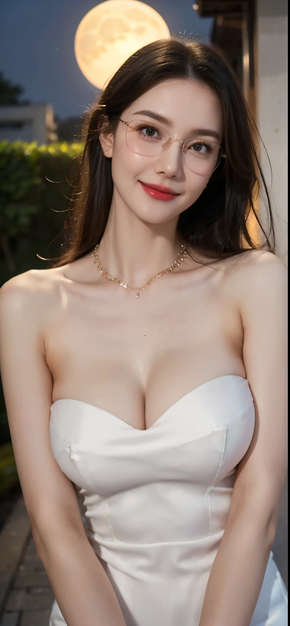 (Canon RF85mm f/1.2), (8K, RAW photos, best quality), (masterpiece), (actual, photograph actual), (Very detailed, High Detail, Best image quality, Super detailed, high resolution, Very detailed, Very detailed的描述, Ultra-fine, Extremely exquisite and beautiful work), Beautiful and delicate girl, Solo Girl, ((Perfect body)), Very detailed eyes and face, White skin, Noble beauty, ((The skin texture is delicate, Pores)), Perfect anatomical structure, Beautiful body, Delicate face, Slim abs, Slim waist), Big Ass, (Large Breasts, Breast enlargement), (Cleavage), (affectionate gaze, soulful eyes, Glowing eyes), (beautiful and clear eyes), (Bounce Curly Messy Long Hair), (Smile:1.2), (fascinated expression), (Attractive appearance), ((Low-cut,Wedding dress,No Sling,Show your shoulders,E cup)), ((Tight)), ((bud)), ((wear glasses)), earrings, necklace, ((night)), ((Street View, moonlight)), Physically Based Rendering, Realistic lighting, (((Upper Body))), ((looking at the audience)), ((Everlasting)), ((Happy and shy))