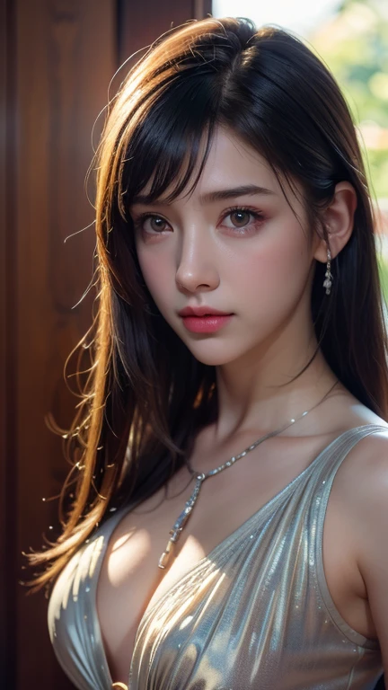 high quality work,Realistic artwork,Ultra Premium Graphics,8K HD CG Works,High quality graphics,High-definition and elaborate CG work,10x pixels,Ultra-fine detail:1.1,Advanced Technical Details:1.1Realistic photo effects,Indoor lighting effects:1.5,Natural soft light:1.5. Light effects(Virtual Light Effects:1.8),Ultra-high resolution,Clear Eyes,Double eyelids are beautiful, Pretty face, The face shape is perfectly balanced, ハイパーフォトrealism, Cinema Lighting, Projected Inset, Surrealism, masterpiece, realism,Great cleavage,