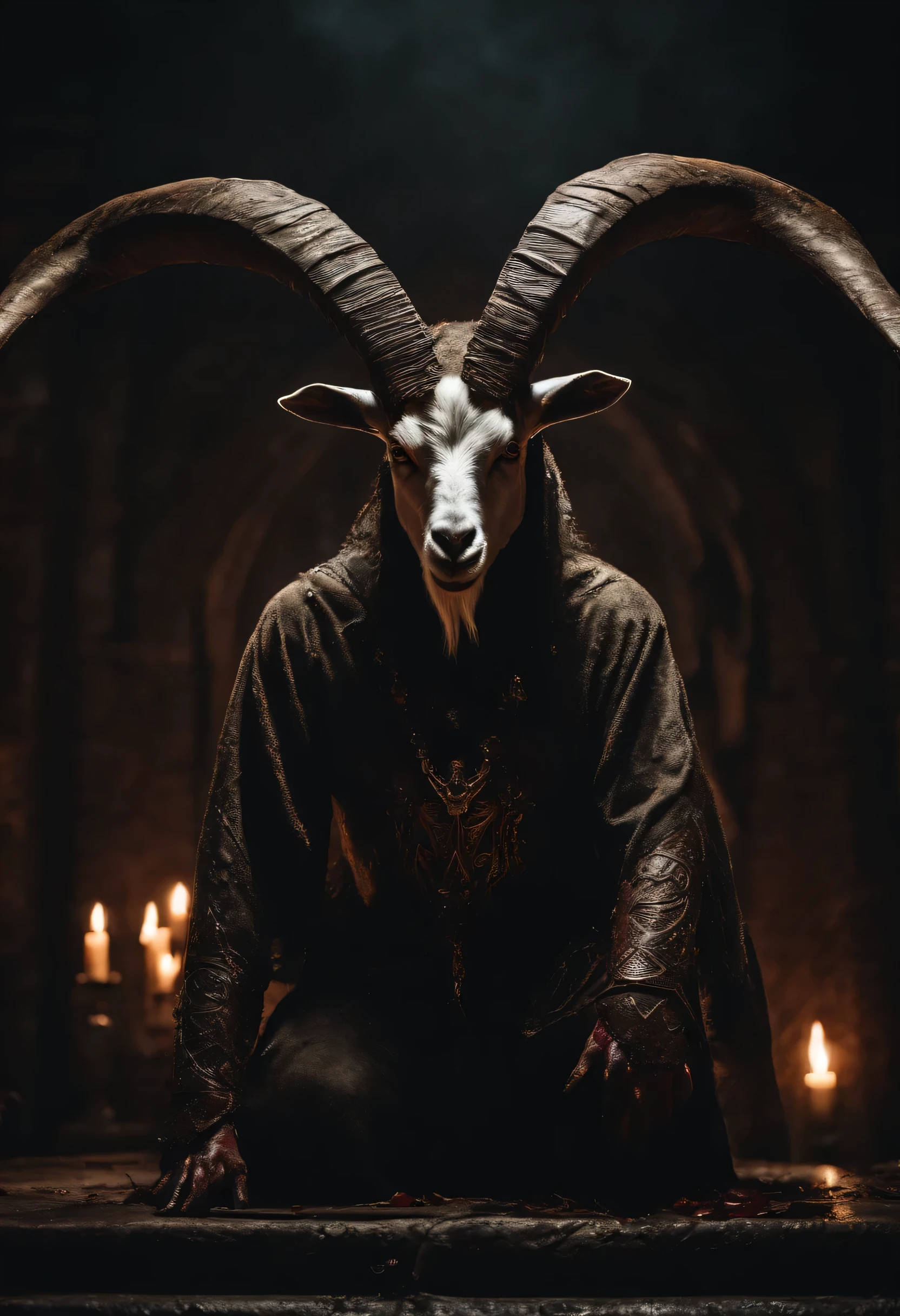 a goat-headed demon with large horns, strong and strong upper body, demon skins, skins, ((claws, wings)), demonic armor, blood splatters, skulls on the ground, standing in a blood ritual, medieval, dark room, dim light, masterpiece, realistic, oil painting