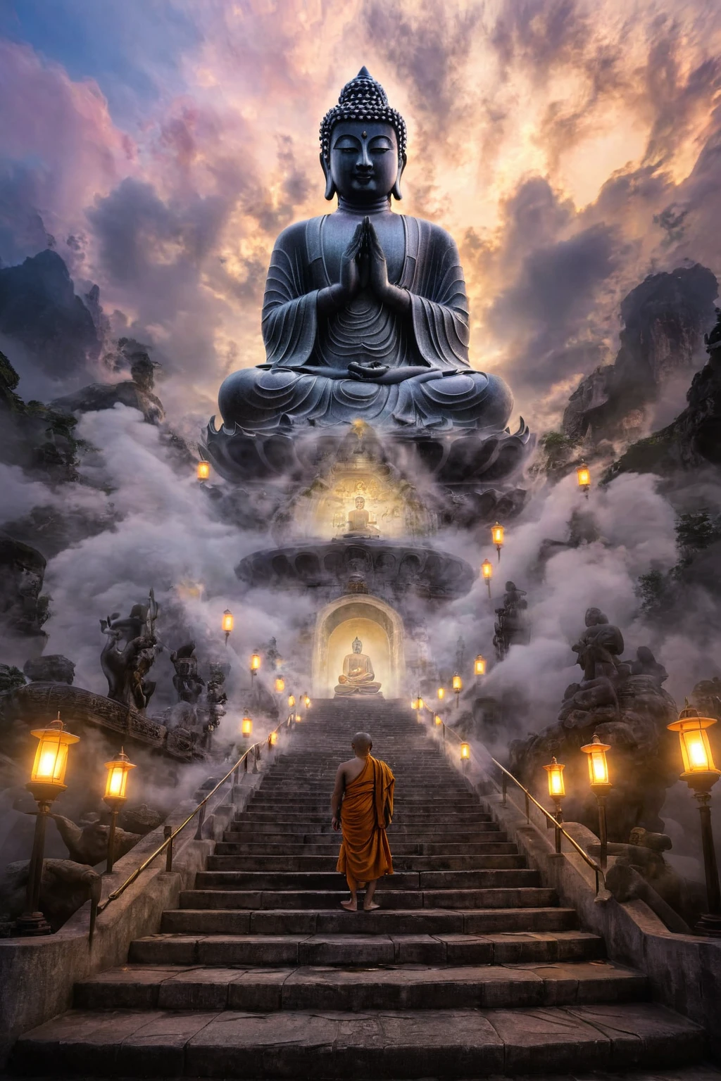 Raw photo, Masterpiece, high quality, best quality, realistic, super detailed, Creates a peaceful scene as a monk wearing colorful robes A majestic Buddha statue towers over a grand staircase, surrounded by lantern-lit pathways and smaller statues. The scene is enveloped in mist, creating an ethereal atmosphere. A solitary figure in robes stands at the bottom, gazing up at the serene statue. The sky is filled with dramatic clouds, adding to the mystical ambiance.(daylight: 1.1) , ((actual photo)), panorama, super 16k, sunset