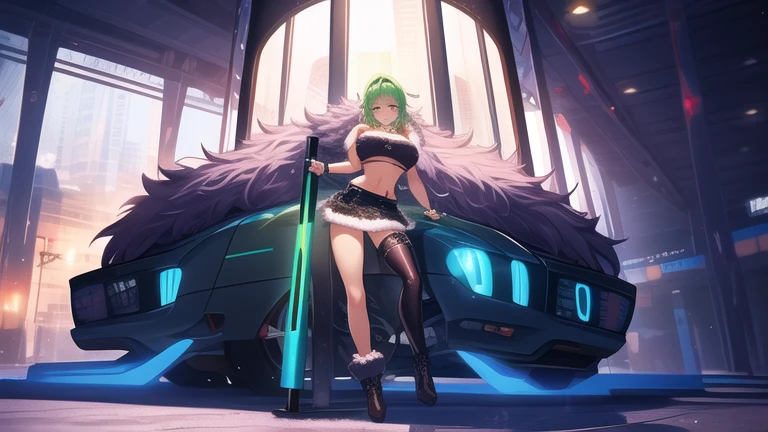 ((best quality)), ((masterpiece)), (detailed), Perfect face,, 完美Body,Perfect body,Ultra-wide angle composition,
girl, , fluffy fur on Body, , Tight crop top, Split, , huge metal bracelet, Huge metal collar, High-leg over-the-knee boots, light green pole_detailed_(Lacy, fur, silk, satin)_(clothing, skirt), detailed face, detailed beautiful shiny eyes, slit pupil, Metal Reflection, future city square, (tattooed, marked)_fit_muscular_Body, (((1 名girl))), portrait, (full Body), natural breast, Medium Length Hair, masterpiece, best quality, Pretty and beautiful:1.2, Fractal Art:1.4, 16K, High Dynamic Range, Renesas Electronics, Ray tracing, Radiosity, Anisotropic filtering, Subsurface scattering