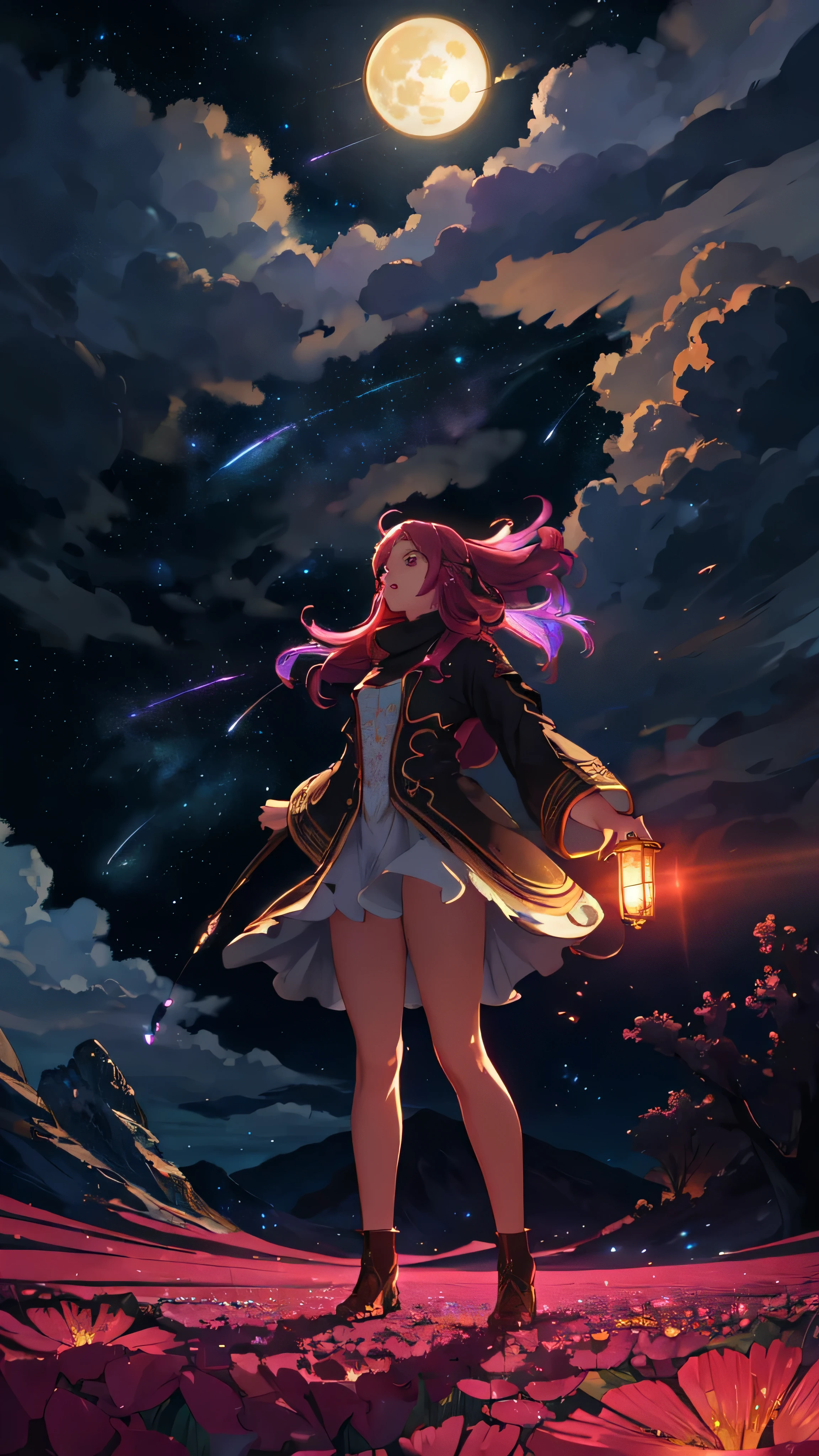 expansive landscape photograph , (a view from below that shows sky above and open field below), a girl standing on flower field looking up, (full moon:1.2), ( shooting stars:0.9), (nebula:1.3), distant mountain, tree BREAK
production art, (warm light source:1.2), (Firefly:1.2), lamp, lot of purple and orange, intricate details, volumetric lighting, realism BREAK
(masterpiece:1.2), (best quality), 4k, ultra-detailed, (dynamic composition:1.4), highly detailed, colorful details,( iridescent colors:1.2), (glowing lighting, atmospheric lighting), dreamy, magical, (solo:1.2)