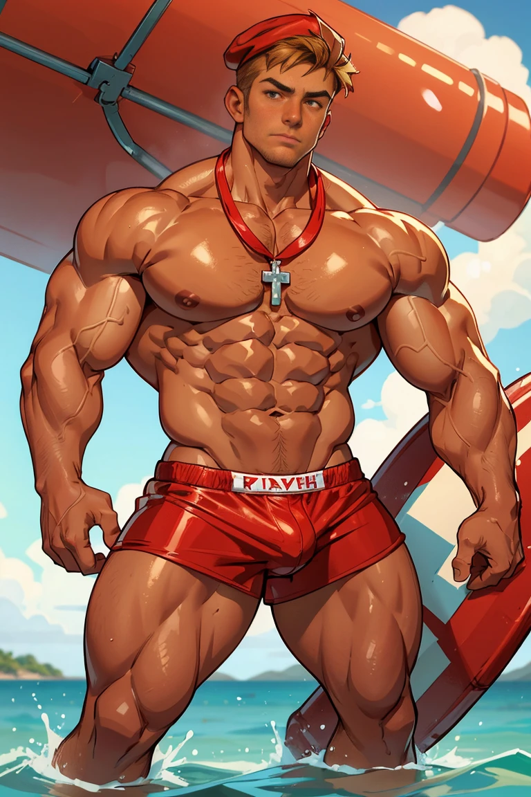 Tanned man, handsome and masculine face, brown eyes, short blond hair, muscular body, huge chest, huge biceps, thick thighs, oily and shiny skin. He is wearing red swimming trunks with a white cross, a red cap with a whistle hanging from his neck and a lifeguard board.