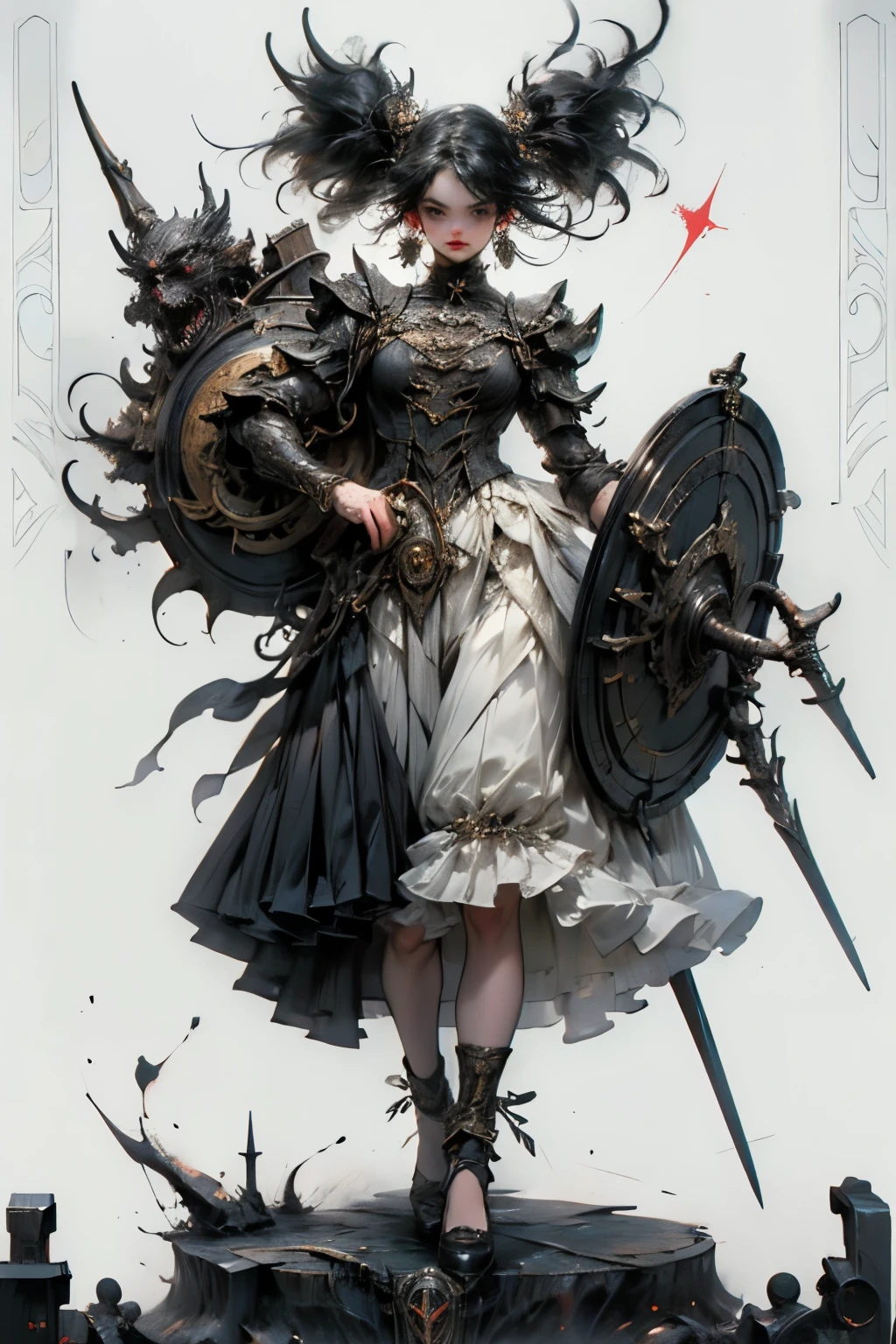 ((best quality)), ((masterpiece)), (detailed), perfect face ((best quality)), ((masterpiece)), (detailed), blank white background, plain background, white background, Bloodborne inspired, occult aesthetic, occult, detailed and intricate steampunk and detailed gothic, NSFW, Very dramatic and cinematic lighting, cosmic horror, grim-dark, side-lighting, perfect face, a beaituful goddess adorned and enshrined in armour, Bloodborne inspired , occult aesthetic, occult, detailed and intricate steampunk and detailed gothic, wielding a sword and holding a shield, NSFW, Fluttering lace flared long knee length dress with frilly petticoats, knee length dress, pleated petticoats, ta dress, petticoats gothic loliside-lighting, gothic lolita aetic, beautiful small breasts, small breasts, full body, whole body, body, plain background, white background, blank background, no background, white background NSFW, full body, whole body, head-to-toe