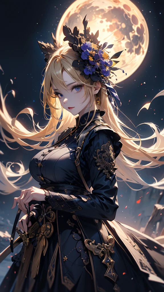 masterpiece, high quality, 4K, Beautiful design, silhouette,blonde, 非常に詳細な夜のStarry Sky,Flower Field, wonderful, Finer details, Very knowledgeable woman, Highly detailed solo, 1 female,Big Breasts,Gothic Lolita Fashion,Night view,Starry Sky,full moon,