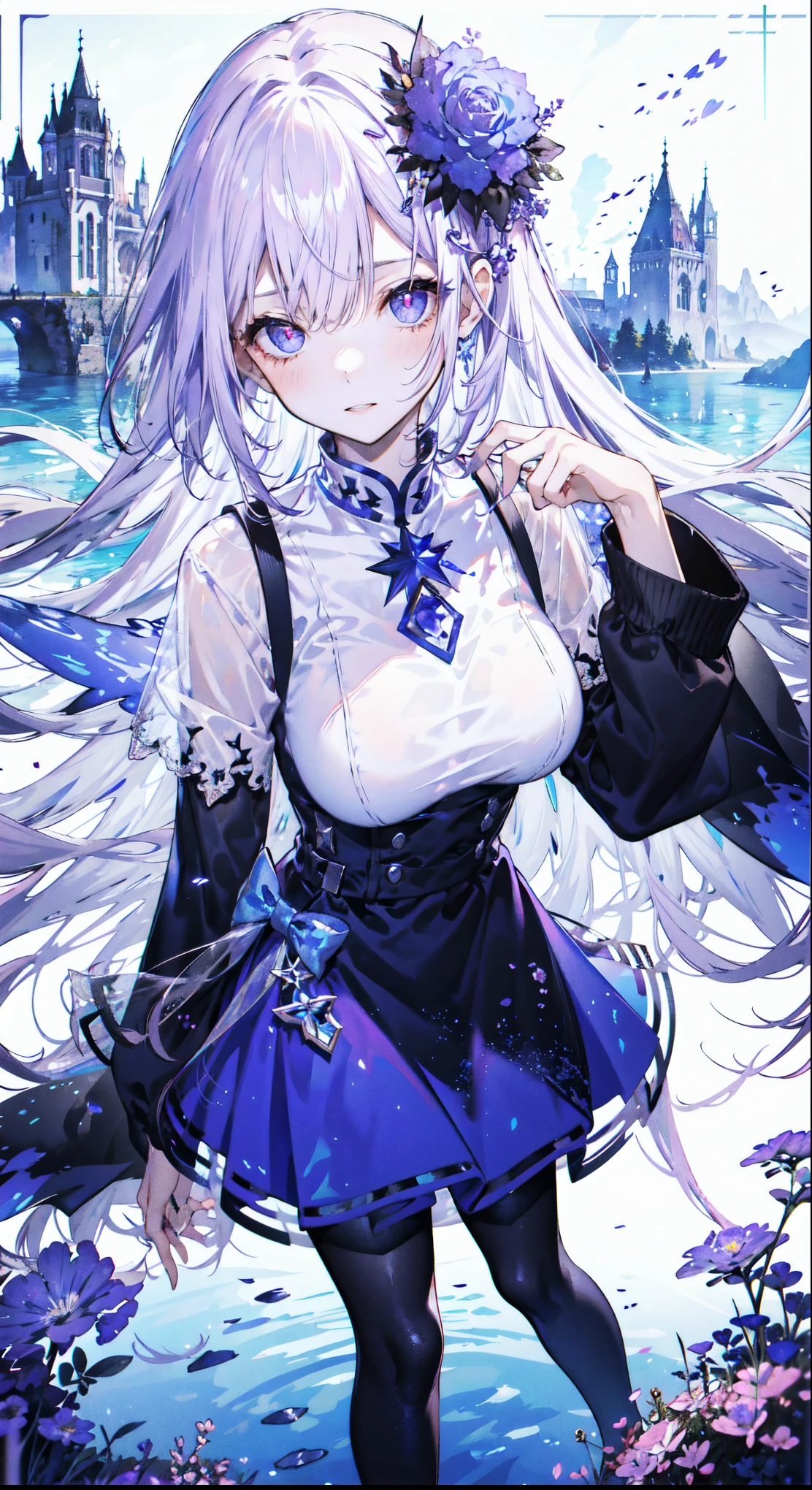 ((masterpiece:1.4,best quality)),(Super detailed),(Extremely detailed eyes),(black leggings,Shiny socks:1.5),Hello Darkness
((Sexy Girl,Large Breasts)),(Blood-red pupils,Diamond-shaped pupil:1.15),Purple Eyeshadow,(elongated hair,Thick hair,shiny hair:1.5)(Changes through:1.2),White skin,tilting its head to the side,kneel
(She wears blue armor,Tight cheongsam,:1.5),Very long plush sleeves,White,White Cloud,Dream bubbles ,Ice and glitter effects
(Black long skirt:1.1),
(dawn:1.2),
(Intense black and white:1.16),(Depth of Field:1.4),,Intricate details,(Castle in the Sky,Standing by the lake,Purple flowers by the lake)