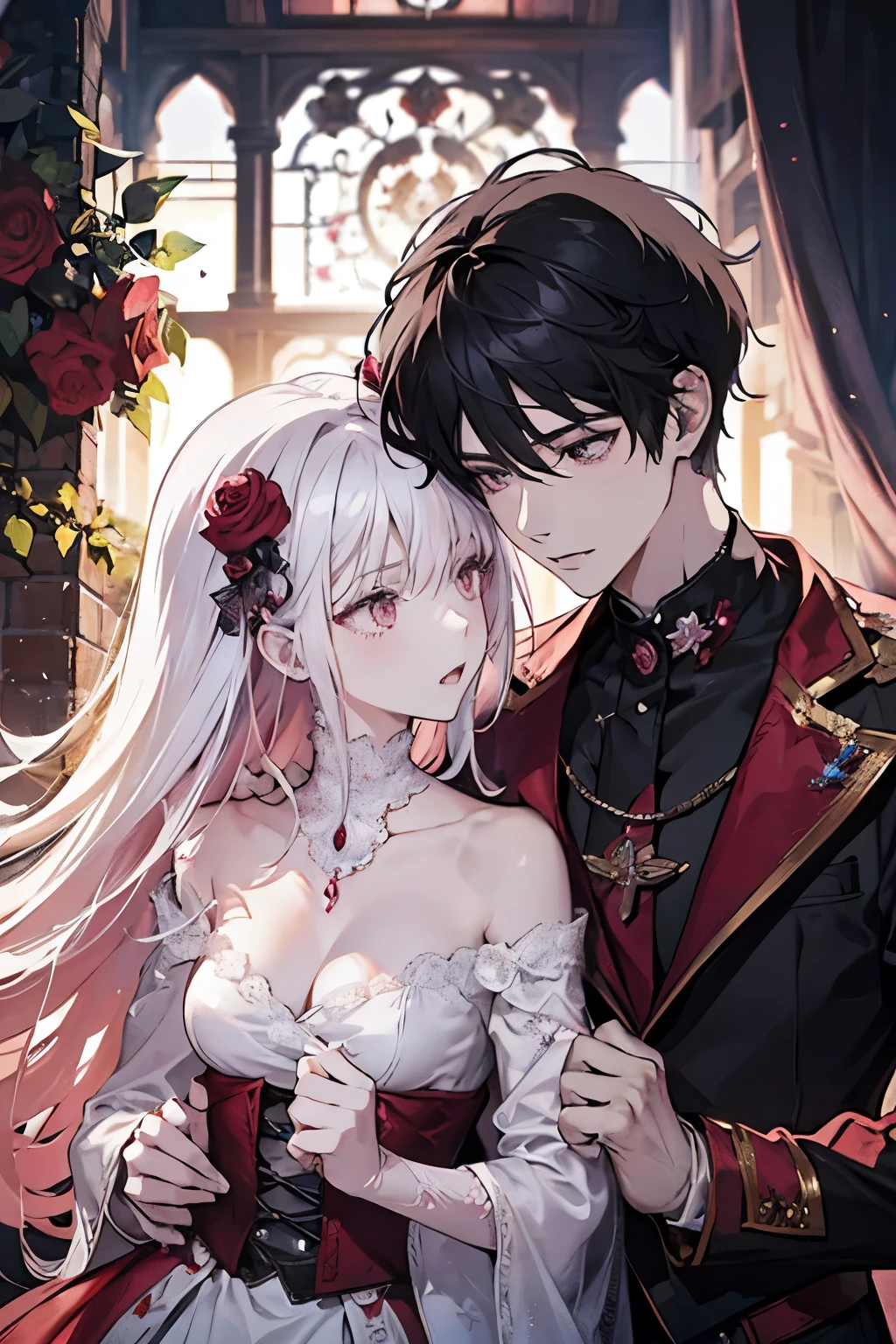 anime couple, 1 male and 1 female, adult, mature face, human, (male: black hair), (male: spiky white hair, cat eyes), (female: white pink hair), (female: rose pink eyes), (female: big breasts), (female: shy), fantasy, medieval times, (male: serious expression)