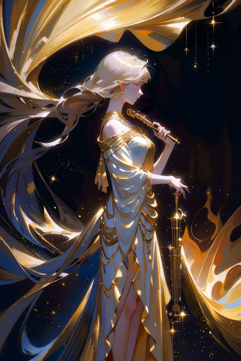 detailed full body portrait，(Painting of a girl with an oboe), Pale gold dress Andy Jurgens (mandy jurgens) A realistic painting was created, transformation, Figurative art, Detailed Description, Realistically, Artwork, Contour， View from the side， Colorful Noise, Visual clutter,Modern aesthetics、Viennese style、Nocturne Whispers