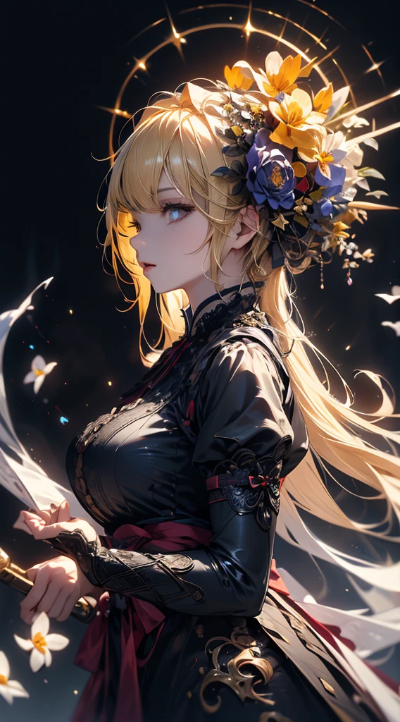 masterpiece, high quality, 4K, Beautiful design, silhouette，blonde， 非常に詳細な夜のStarry Sky,Flower Field， wonderful, Finer details,  Very knowledgeable woman, Highly detailed solo, 1 female,Big Breasts，Gothic Lolita Fashion，Night view，Starry Sky，full moon，