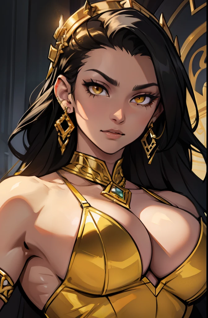 earrings jewelry luxurious fancy gold earrings jewelry luxurious fancy gold black hair yellow eyes pale skin muscular woman large breasts seductive expression