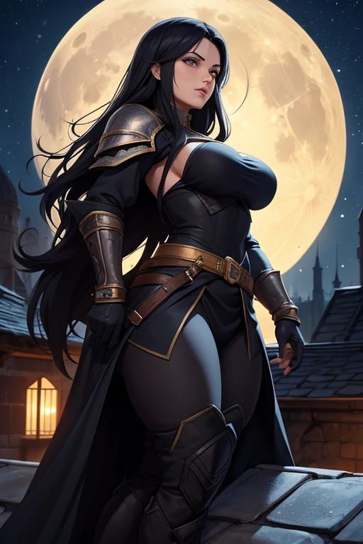 Female thief from medieval fantasy universe, Italian features, 25 years old with long black hair, in black armor. on the roofs of a fantasy medieval city, night full moon in the sky