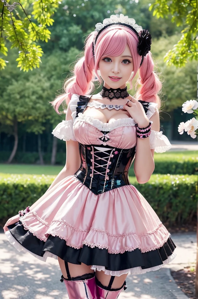(nsfw), sexy stylish Swedish model, only 1 female, ((doll-like appearance)), short neon pink stylish hair, ((shiny Victorian-Style boots)), (big smile), ultra detailed eyes, vivid eye makeup, lipgloss, long lashes, defined eyebrows, ((sexy Paradise Kiss cosplay)), bell-shaped skirt, petticoats, high neckline, puffed sleeves, ((ultra detailed lace)), ((ultra detailed embroidery)), intricate details, Paradise Kiss accessoires and matching headpiece, choker, ((large sparkling Paradise Kiss jewelry)), cinematic light, detailed large park background with trees