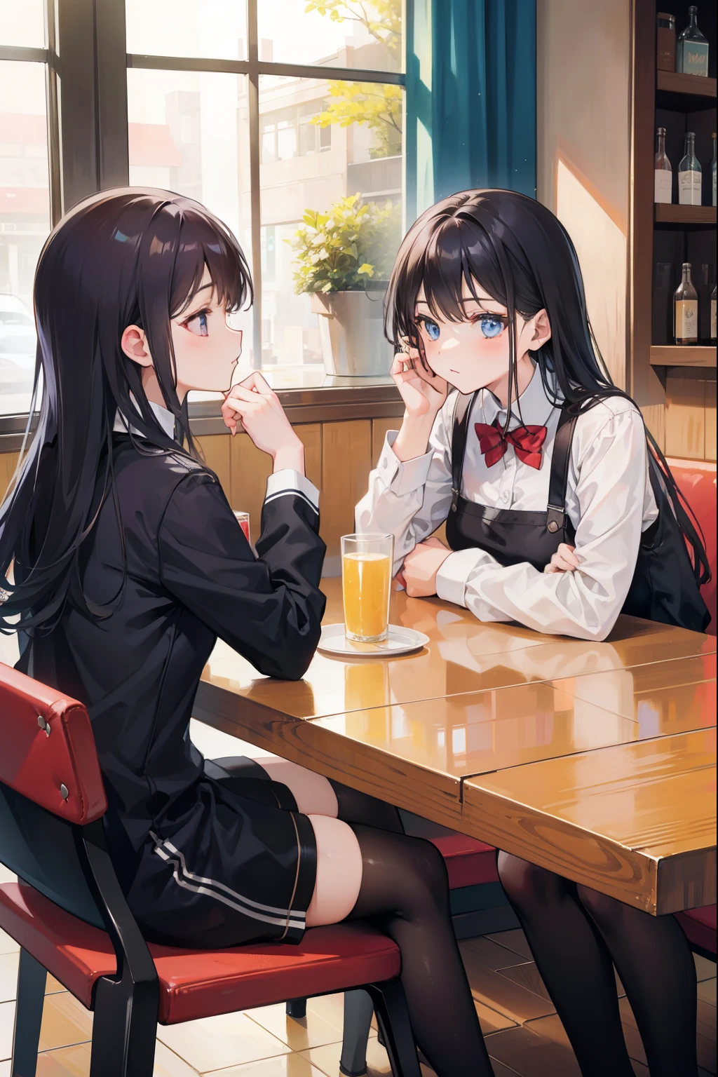There are two girls sitting across from each other in the restaurant