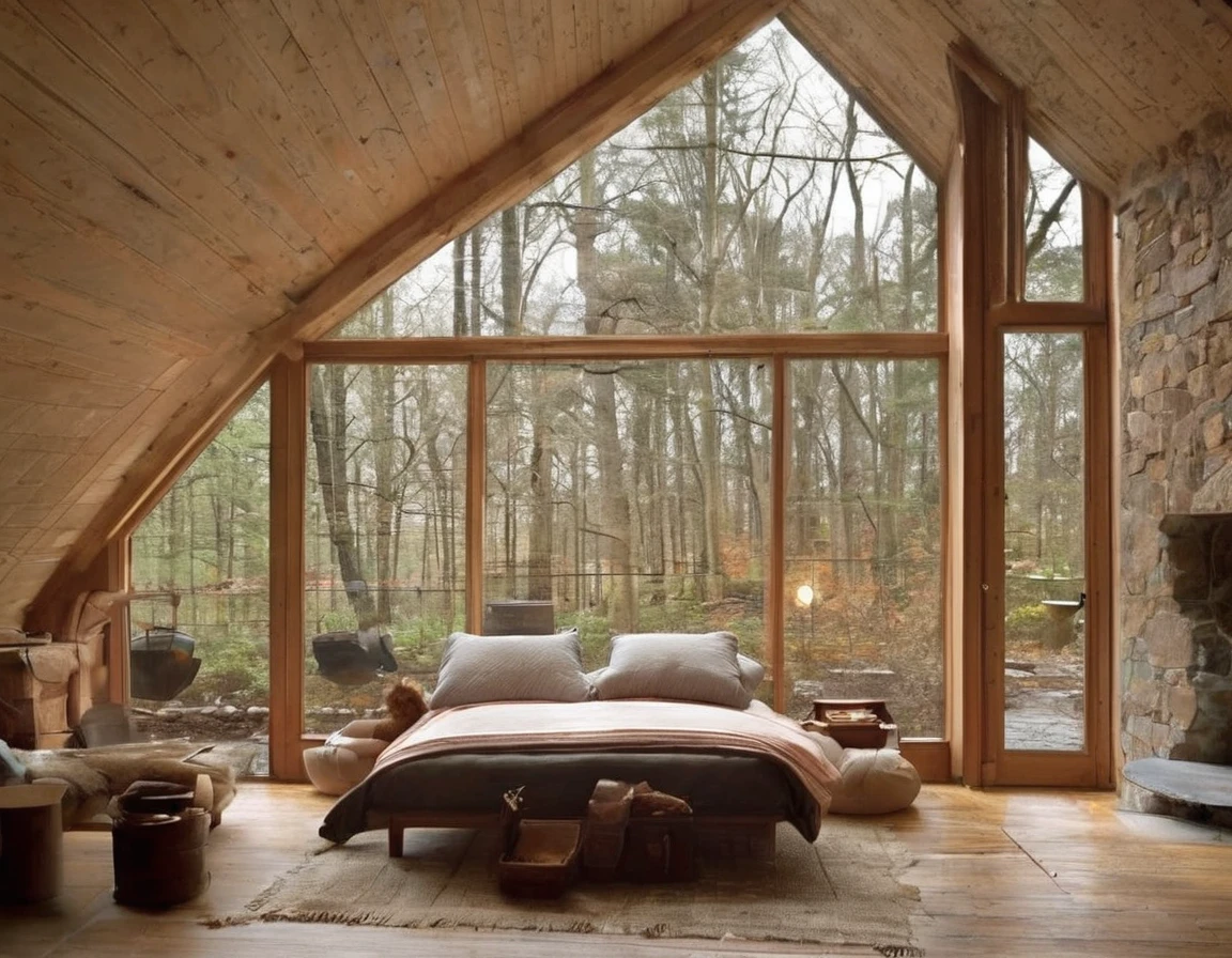 The house in the woods, which creates a cozy warmth and a soft atmosphere, was designed by James Tyrrell, Albert Brensted and Norman Foster