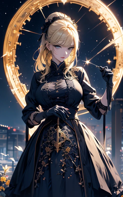 masterpiece, high quality, 4K, Beautiful design, silhouette,blonde, 非常に詳細な夜のStarry Sky,Flower Field, wonderful, Finer details, Very knowledgeable woman, Highly detailed solo, 1 female,Big Breasts,Gothic ta Fashion,Night view,Starry Sky,full moon,