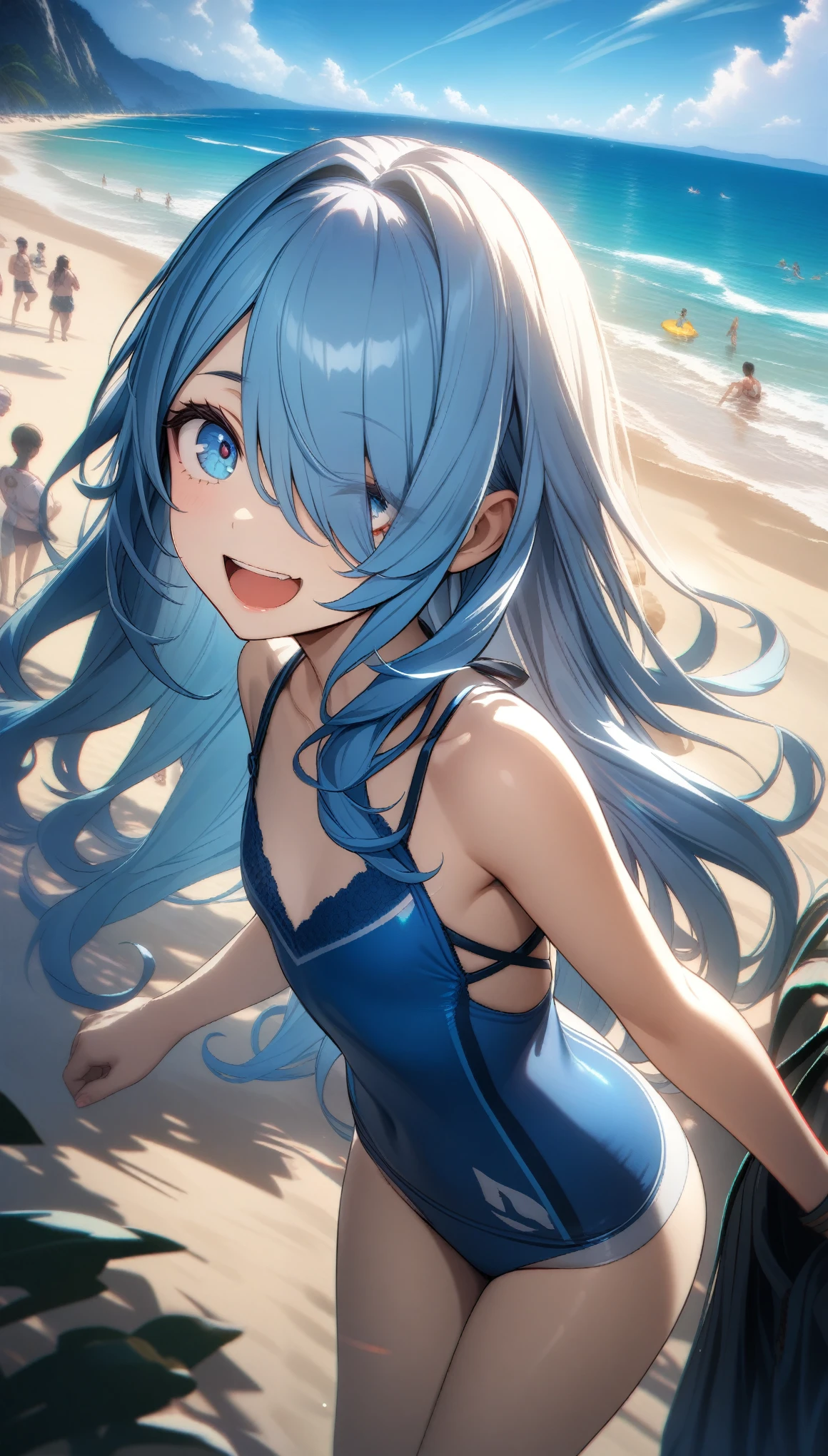 32k, best quality, ultra high res, HDR, UHD, extremely detailed CG, unity 32k wallpaper, highest quality, Intricate details, chromatic aberration, One girl, Cute blue swimsuit, Long Hair, Blue Hair, Smooth Hair, Blue Highlights, Hair on one eye, blue eyes, Sharp eyes,  Laugh shyly, A beach with lots of people,  