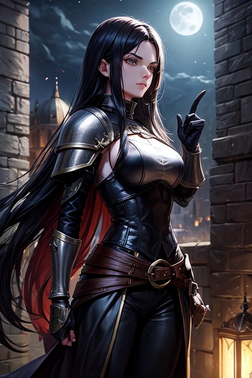 Female thief from medieval fantasy universe, Italian features, 25 years old with long black hair, in black armor. on the roofs of a fantasy medieval city, night full moon in the sky