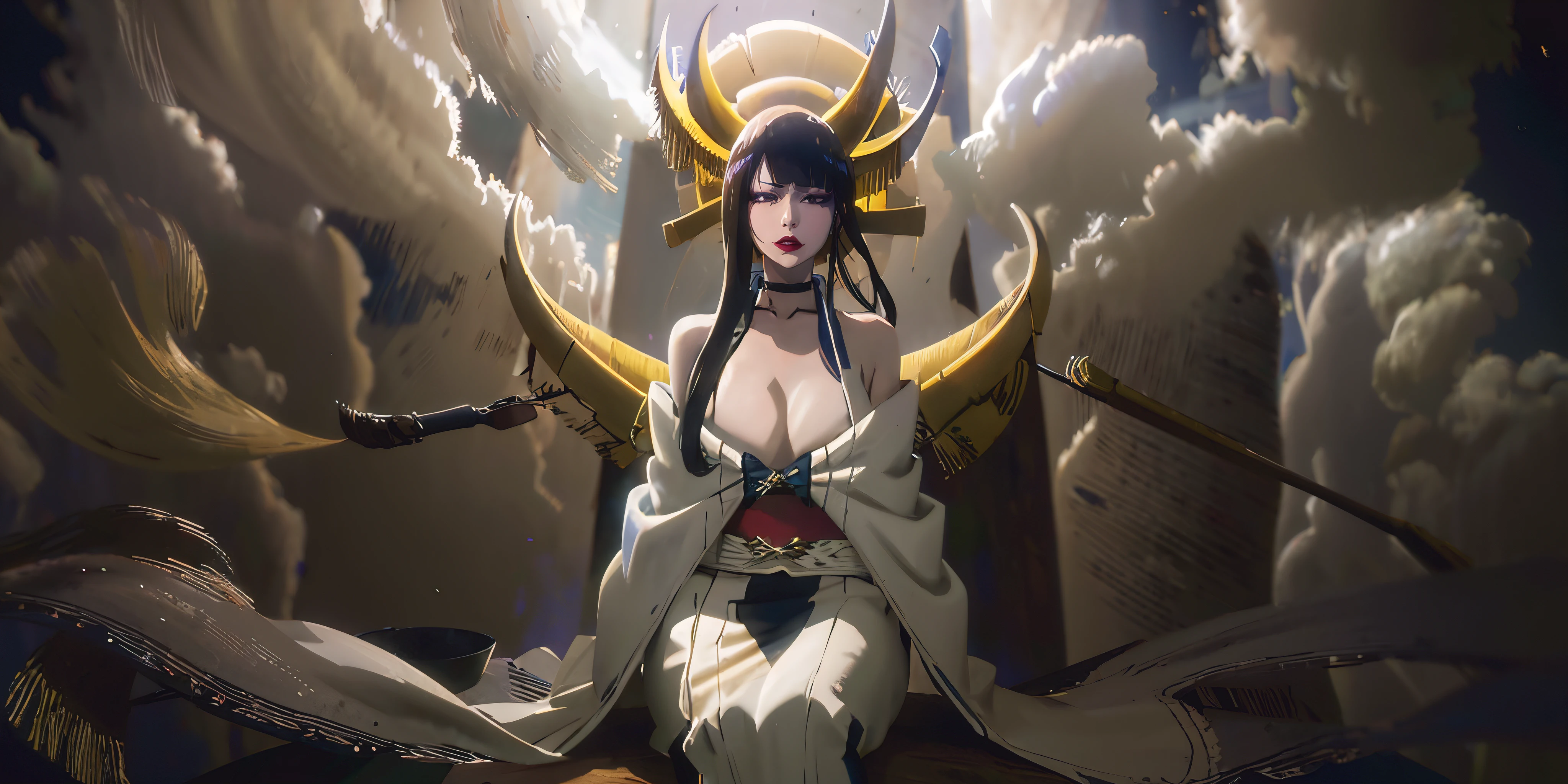 senjumaru shutara, (long hair, bangs, blunt bangs, black hair, sidelocks:1.5), (black eyes:1.5), makeup, lipstick, red lipstick, breasts, epic art, fantasy, 1girl, anklet, kimono, solo, jewelry, sitting, indoors, breasts, choker, looking_at_viewer, cleavage, bracelet, large_breasts, bare_shoulders, dress, glow effects, godrays, Hand drawn, render, 8k, octane render, cinema 4d, blender, dark, atmospheric 4k ultra detailed, cinematic, Sharp focus, big depth of field, Masterpiece, colors, 3d octane render, 4k, concept art, trending on artstation, hyperrealistic, Vivid colors, extremely detailed CG unity 8k wallpaper, trending on CGSociety, Intricate, High Detail, dramatic, anime coloring, anime screencap, steaming body, fog, heavy breathing, nsfw art,