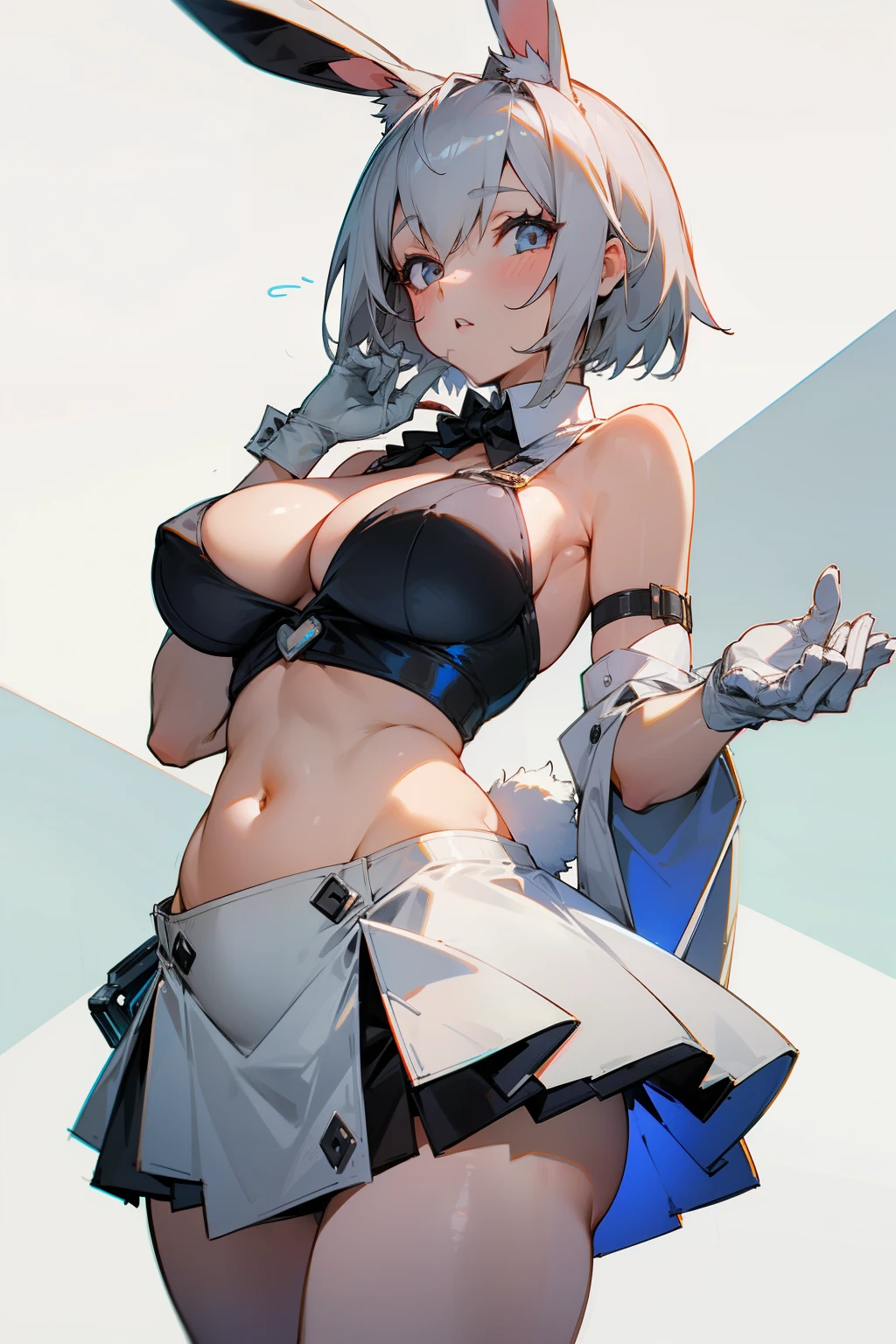 Girl, gray bunny, bunny ears, short gray hair, white gloves, bunny tail, big breasts, exposed belly, short skirt, cold features