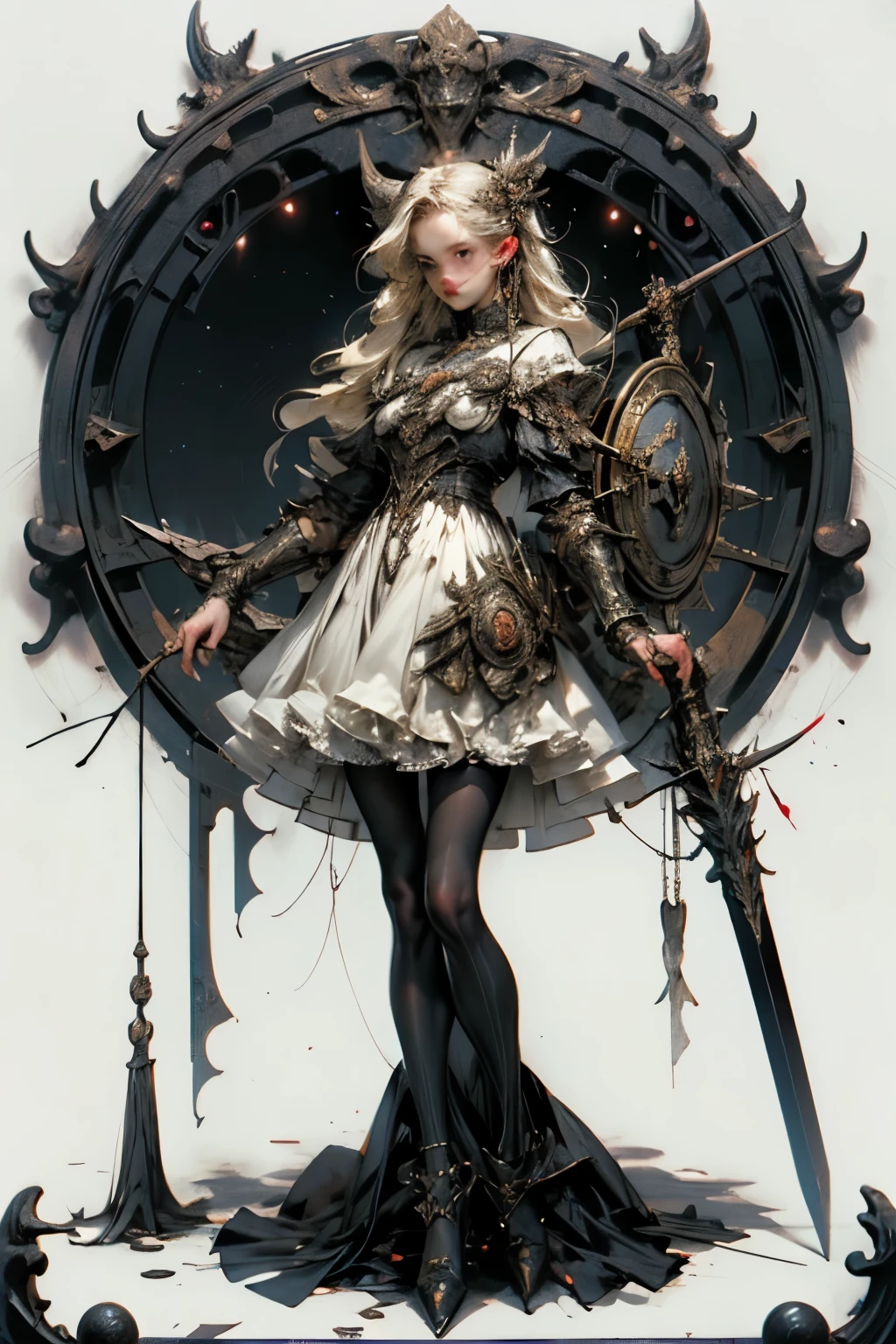 ((best quality)), ((masterpiece)), (detailed), blank white background, plain background, white background, Bloodborne inspired,  occult aesthetic, occult, detailed and intricate steampunk and detailed gothic, NSFW, Very dramatic and cinematic lighting, cosmic horror, grim-dark, side-lighting, perfect face, a beaituful goddess valkyrie adorned and enshrined in armour, Bloodborne inspired valkyrie, occult aesthetic valkyrie, occult valkyrie, detailed and intricate steampunk and detailed gothic valkyrie, wielding a sword and holding a shield, NSFW, Fluttering lace flared long knee length dress with frilly petticoats, knee length dress, pleated petticoats, lolita dress, petticoats gothic lolita, side-lighting, gothic lolita aesthetic, beautiful small breasts, small breasts, full body, whole body, body, plain background, white background, blank background, no background, white background NSFW, full body, whole body, head-to-toe