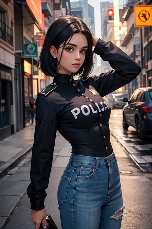 1 garota linda policial de noite, cabelos curtos estilo French bob batido na nuca, cabelo cinza, olhos claros, de noite, cidade noturna, clima sombrio, chuva suave, police badge and police accessories, vestindo uma blusa cinza e jeans cinza justos, jaqueta de couro preto curta policial, mostrando abdome definido, olhar encantador