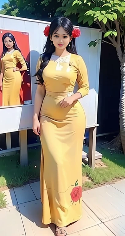 Burmese girl yellow red Silk dress attractive curvy full body. Friends full-length bikini, ( Dress too shiny dress) reflective long dress painted with flower patterns, only dress. hi gh hips High resolution High resolution natural background High resolution HD 3D, 8K cartoon anime