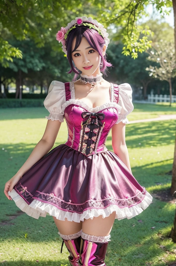 (nsfw), sexy stylish Thai model, only 1 female, ((doll-like appearance)), short neon pink stylish hair, ((shiny Victorian-Style boots)), (big smile), ultra detailed eyes, vivid eye makeup, lipgloss, long lashes, defined eyebrows, ((sexy Paradise Kiss cosplay)), bell-shaped skirt, petticoats, high neckline, puffed sleeves, ((ultra detailed lace)), ((ultra detailed embroidery)), intricate details, Paradise Kiss accessoires and matching headpiece, choker, ((large sparkling Paradise Kiss jewelry)), cinematic light, detailed large park background with trees