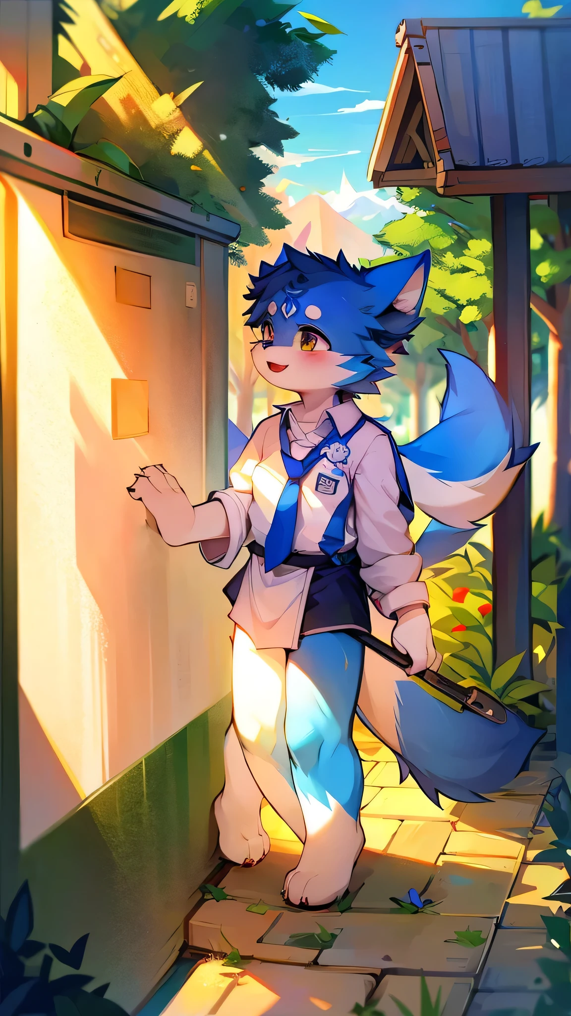 Blue fur, Canine, fox motif, boy, uniform,fly in the sky，Laughter，Expressway，