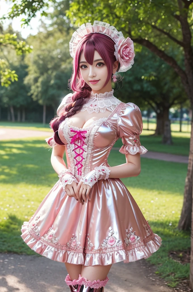 (nsfw), sexy stylish feminine model, only 1 female, ((doll-like appearance)), long neon pink stylish hair, ((shiny Victorian-Style boots)), (big smile), ultra detailed eyes, vivid eye makeup, lipgloss, long lashes, defined eyebrows, ((sexy Paradise Kiss cosplay)), bell-shaped skirt, petticoats, high neckline, puffed sleeves, ((ultra detailed lace)), ((ultra detailed embroidery)), intricate details, Paradise Kiss accessoires and matching headpiece, choker, ((large sparkling Paradise Kiss jewelry)), cinematic light, detailed large park background with trees