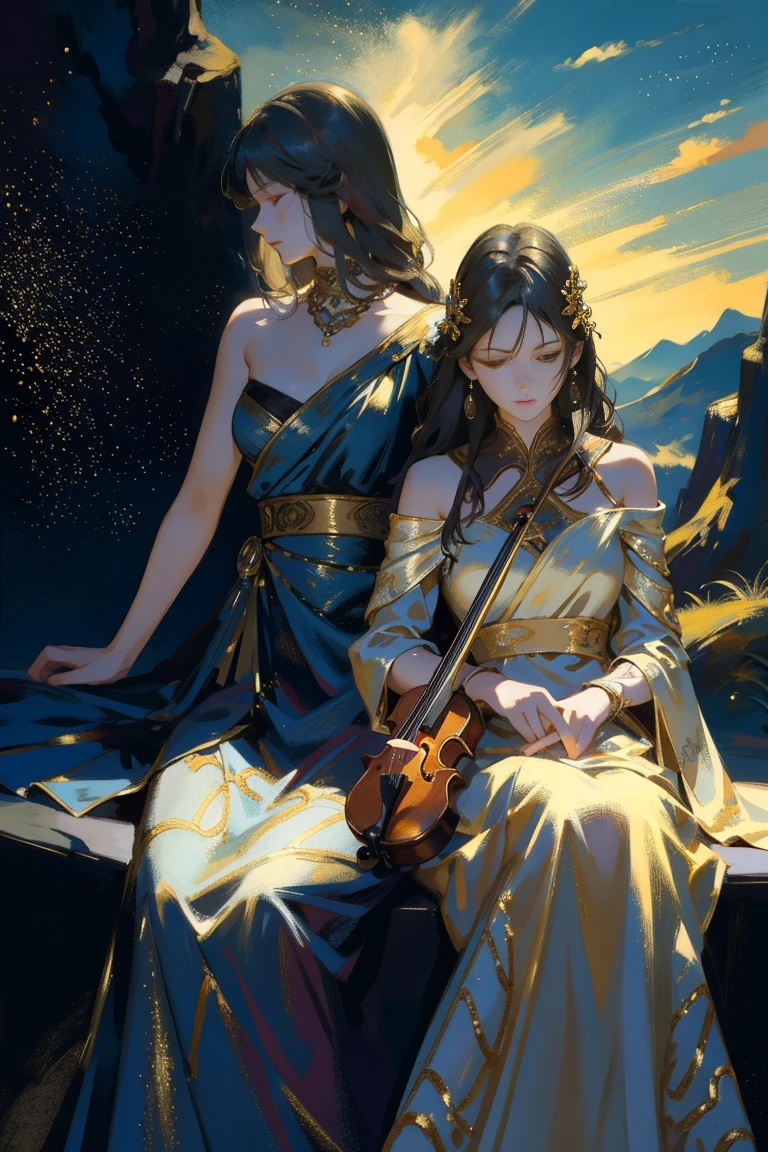 detailed full body portrait,(A painting of two girls with an oboe and a violin), Pale gold dress Andy Jurgens (mandy jurgens) A realistic painting was created, transformation, Figurative art, Detailed Description, Realistically, Artwork, Contour, View from the side, Colorful Noise, Visual clutter,Modern aesthetics、Viennese style、Four Seasons Discount々A vast mountain foothills where beautiful nature spreads out、Nocturne Whispers