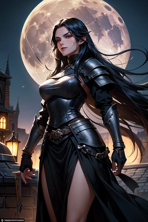 Female thief from medieval fantasy universe, Italian features, 25 years old with long black hair, in black armor. on the roofs of a fantasy medieval city, night full moon in the sky