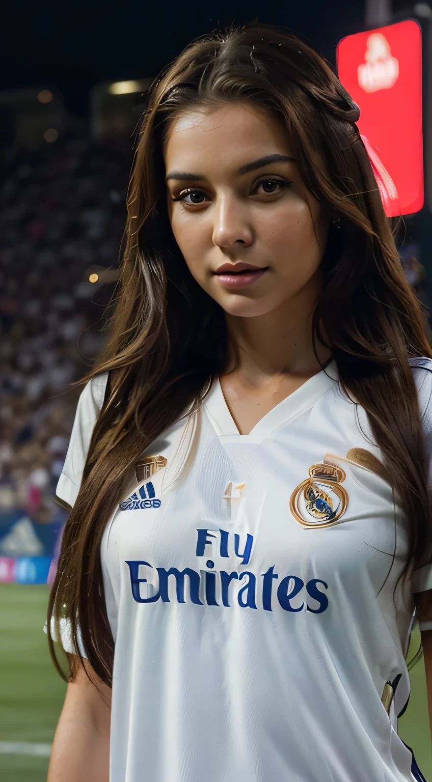 Beautiful women, long hair, wear ((real madrid jersey)), at stadium, realistic, high detailed face and eyes, hyperrealistic, masterpiece, high detailed clothes, ultra HD 8K, high resolution images