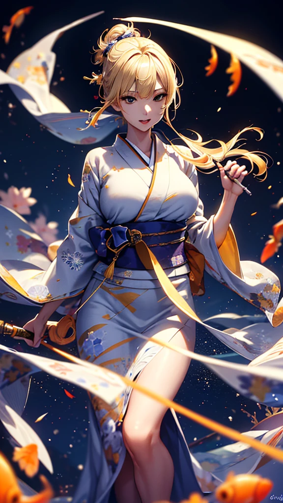 masterpiece, high quality, 4K, Beautiful design, silhouette,blonde, 非常に詳細な夜のStarry Sky,Nightclub,Goldfish scooping, wonderful, Finer details, Very knowledgeable woman, Highly detailed solo, 1 female,Big Breasts,Yukata in white color,Night view,Starry Sky,full moon,