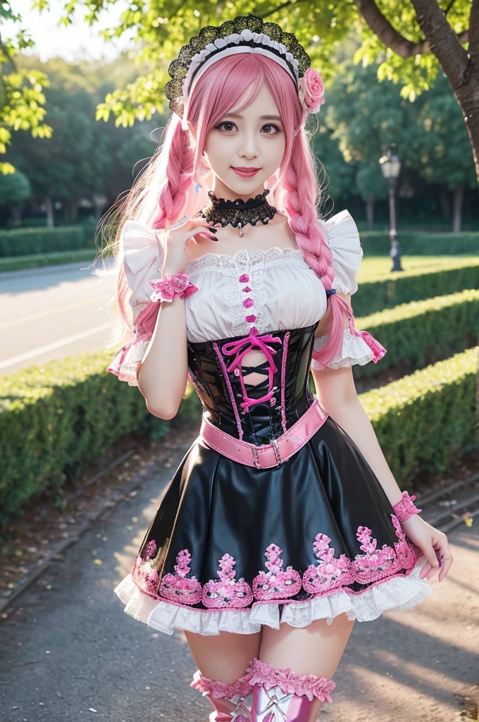 (nsfw), sexy stylish feminine model, only 1 female, ((doll-like appearance)), long neon pink stylish hair, ((shiny Victorian-Style boots)), (big smile), ultra detailed eyes, vivid eye makeup, lipgloss, long lashes, defined eyebrows, ((sexy Paradise Kiss cosplay)), bell-shaped skirt, petticoats, high neckline, puffed sleeves, ((ultra detailed lace)), ((ultra detailed embroidery)), intricate details, Paradise Kiss accessoires and matching headpiece, choker, ((large sparkling Paradise Kiss jewelry)), cinematic light, detailed large park background with trees