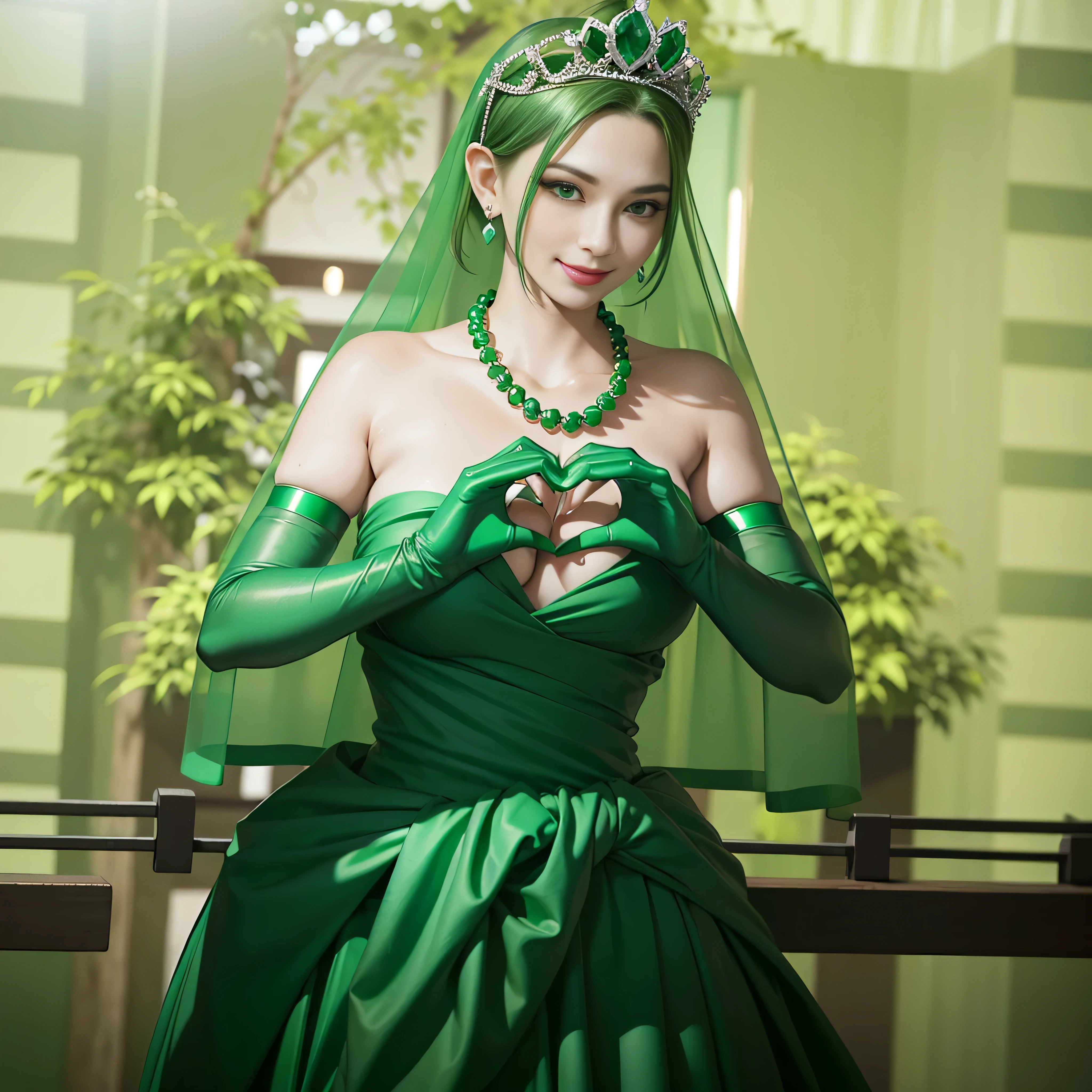 Emerald tiara, Green Pearl Necklace, Boyish very short green hair, lipstick, Smiling Japanese woman, Very short hair, Big tits beautiful, Green Eyes, Long green satin gloves, Green Eyes, Emerald Earrings, Green Veil, Heart with both hands