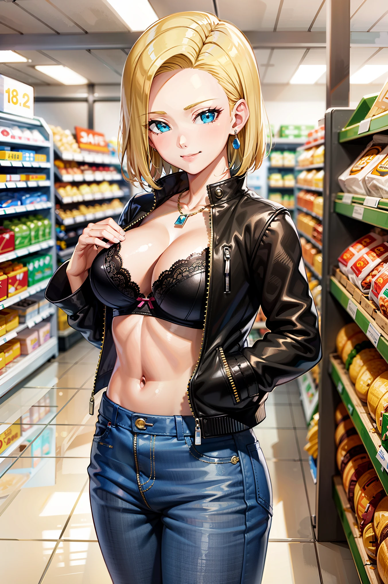 1girl, solo, android 18, blonde hair, blue eyes, short hair, jewelry, earrings, naughty smile, open front,bra revealed, open zipper jacket, jens jacket, big breast, black bra, looking at viewer, supermarket background, High quality, sexy bra 