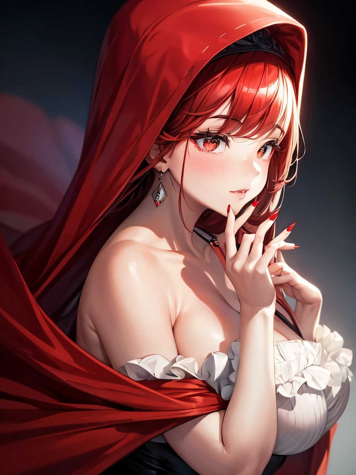 An elegant chubby woman, wearing a red veil covering her eyes, places her fingers on her lips, symbolizing silence. Her nails were long and painted bright red. The background is solid black