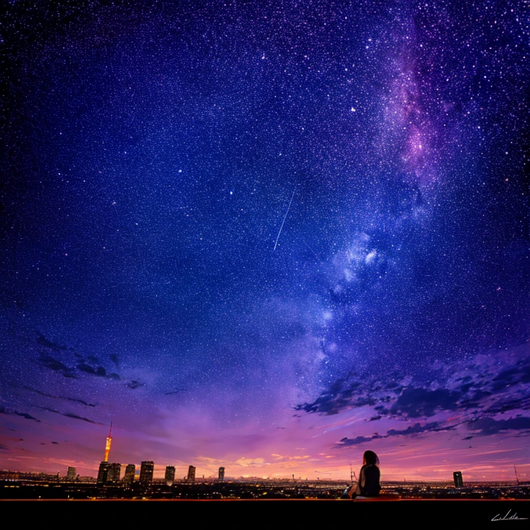 octans, sky, star (sky), scenery, starry sky, night, 1girl, night sky, solo, outdoors, building, cloud, milky way, sitting, tree, long hair, city, silhouette, cityscape