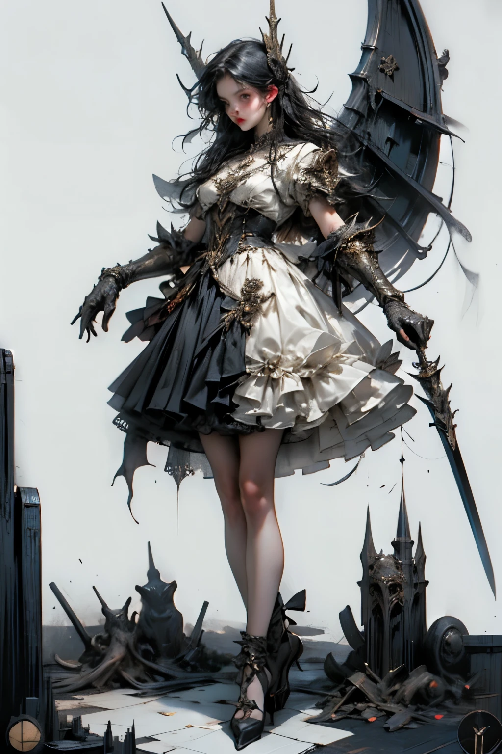 ((best quality)), ((masterpiece)), (detailed), perfect face ((best quality)), ((masterpiece)), (detailed), blank white background, plain background, white background, Bloodborne inspired, occult aesthetic, occult, detailed and intricate steampunk and detailed gothic, NSFW, Very dramatic and cinematic lighting, cosmic horror, grim-dark, side-lighting, perfect face, a beaituful goddess adorned and enshrined in armour, Bloodborne inspired , occult aesthetic, occult, detailed and intricate steampunk and detailed gothic, wielding a sword and holding a shield, NSFW, Fluttering lace flared long knee length dress with frilly petticoats, knee length dress, pleated petticoats, ta dress, petticoats gothic loliside-lighting, gothic lolita aetic, beautiful small breasts, small breasts, full body, whole body, body, plain background, white background, blank background, no background, white background NSFW, full body, whole body, head-to-toe
