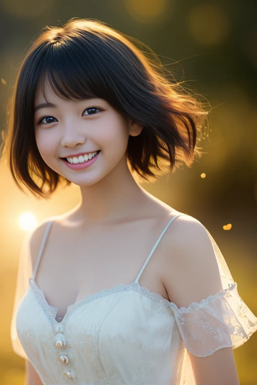 Only one girl、((Perfect body)))、(masterpiece)、((highest quality))、(Ultra-detailed)、((Very delicate and beautiful))、Hmph,(((Unbelievably absurd)))、((Perfect body)))、(((Black-haired)))、(((shortcut)))、(Okayasu Hair)、(((Looking into the camera)))、(((Quite a large bust)))、(((The best smile that makes you happy)))、Camisole dress、big+background、Dynamic Angle、Female focus、{Particles of light}、细致background、((Paul Hedley)))、Soft lighting、sunset、Very beautiful sunset、Live Action、Realistic、Top view、Cute Smile、(backgroundがぼやけている)、、Are thin、((Wind))、(((Movement)))、(((Emotional)))、((colorful))、((Baby Face))、ul Teeth)) 、Lens flare、(((Very shallow depth of field)))、Bust is not hidden