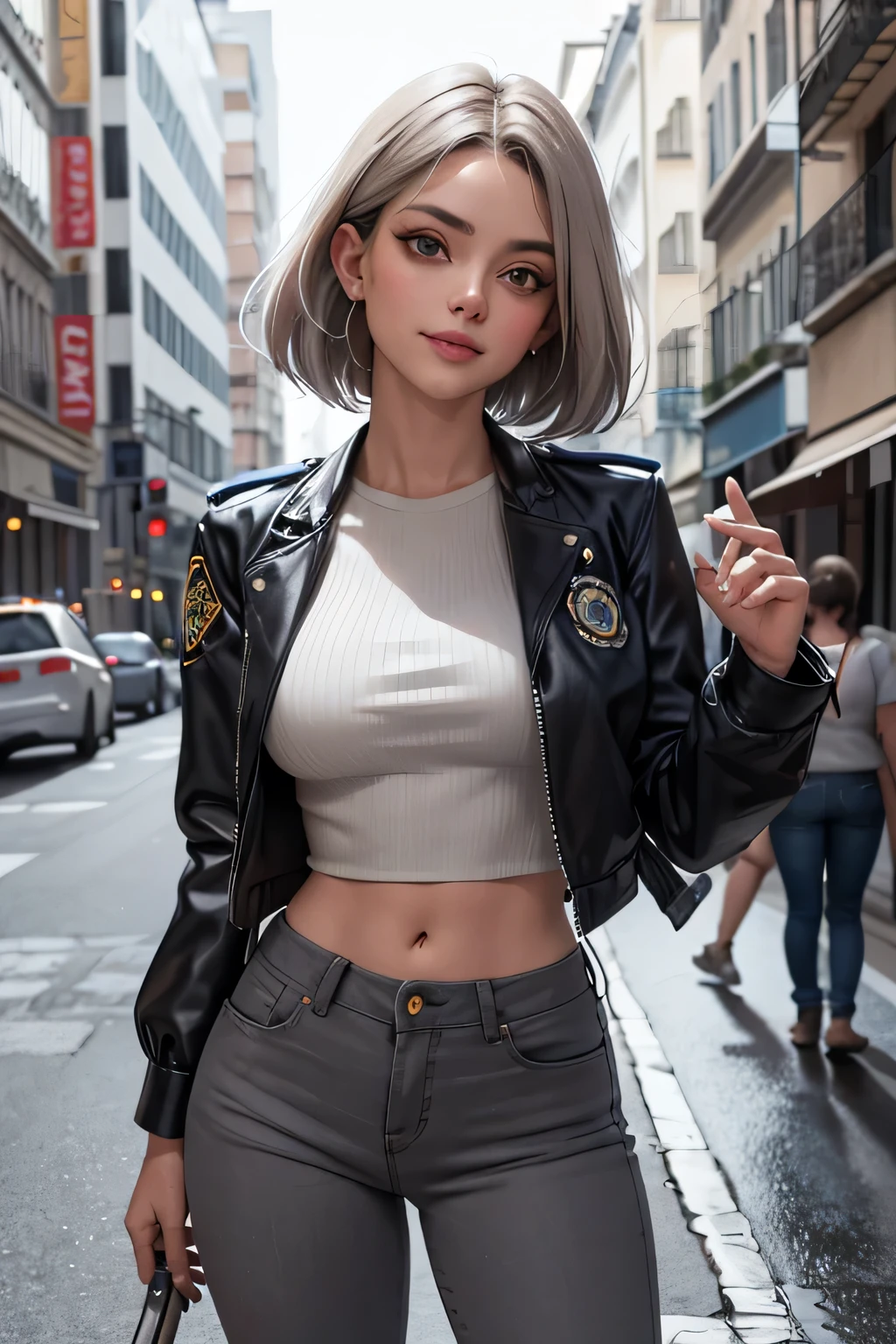 1 garota linda policial, cabelos curtos estilo French bob batido na nuca, cabelo cinza, olhos claros, de noite, cidade noturna, clima sombrio, chuva suave, de distintivo policial, wearing a gray blouse and tight dark jeans, jaqueta de couro curta policial, showing defined abdomen, charming shy smile