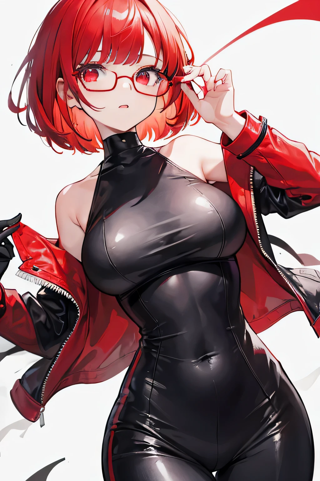 girl,bobcut,red hair,asymmetric bangs,rounded glasses,sharp eye,red eye,leather tight dress,tight leather pants,blind mouth,leather mask,