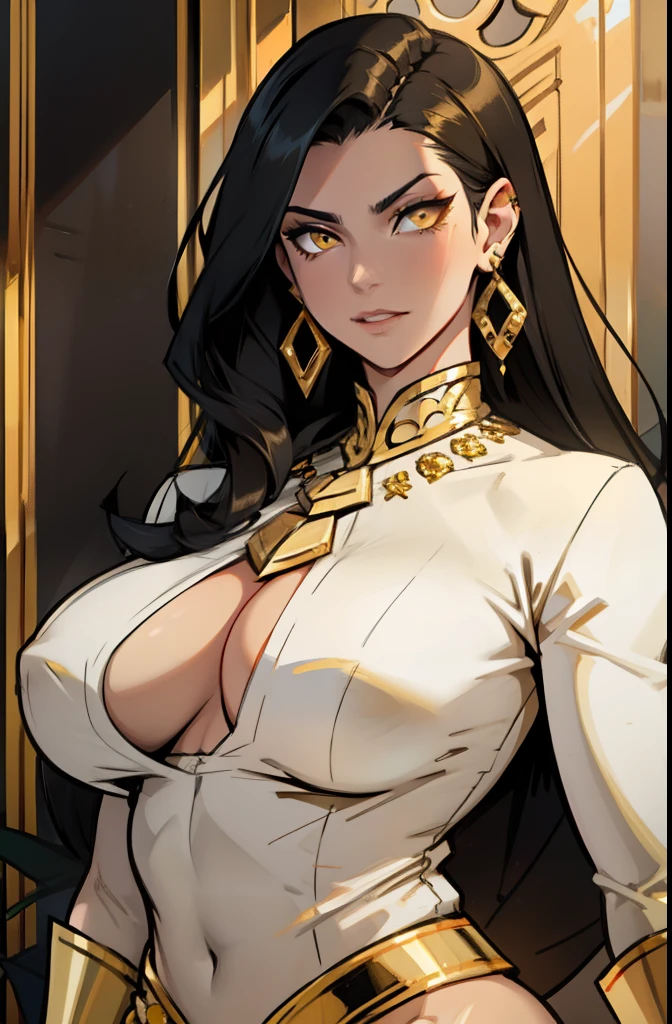 earrings jewelry luxurious fancy gold earrings jewelry luxurious fancy gold black hair yellow eyes pale skin muscular woman large breasts seductive expression