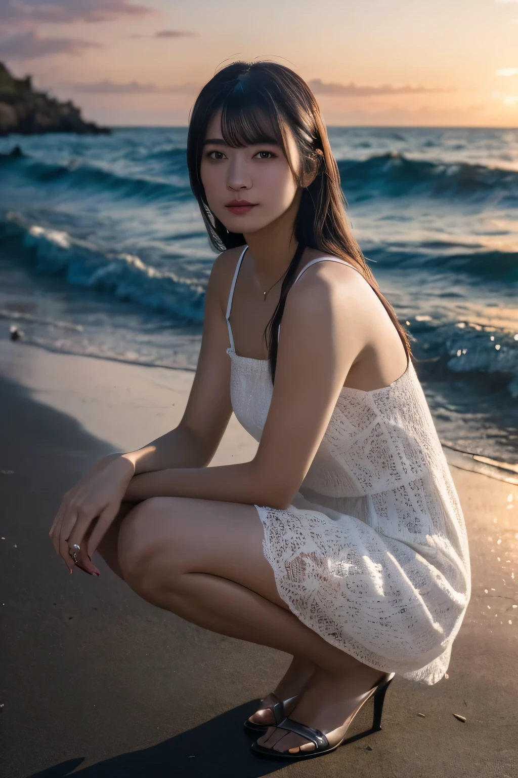 (highest quality、8k、32k、masterpiece、Hmph:1.2)、Cute Japanese Women Photos、Wolf Cut Hair、Brown short hair,(Sit with your legs wide apart:2,Full Body Shot:2)、(Separate swimsuit with vinyl straps、Her cleavage is visible、necklace、From above),Very delicate face, Skin and Hair,Muscular,High Style,High resolution、coastline sunset、Kind eyes、(Big Breasts)、White teeth、Moisturized lips、Staring at the person behind the person taking the photo、Canon Camera,Perfect hands,Perfect Arms,Perfect legs