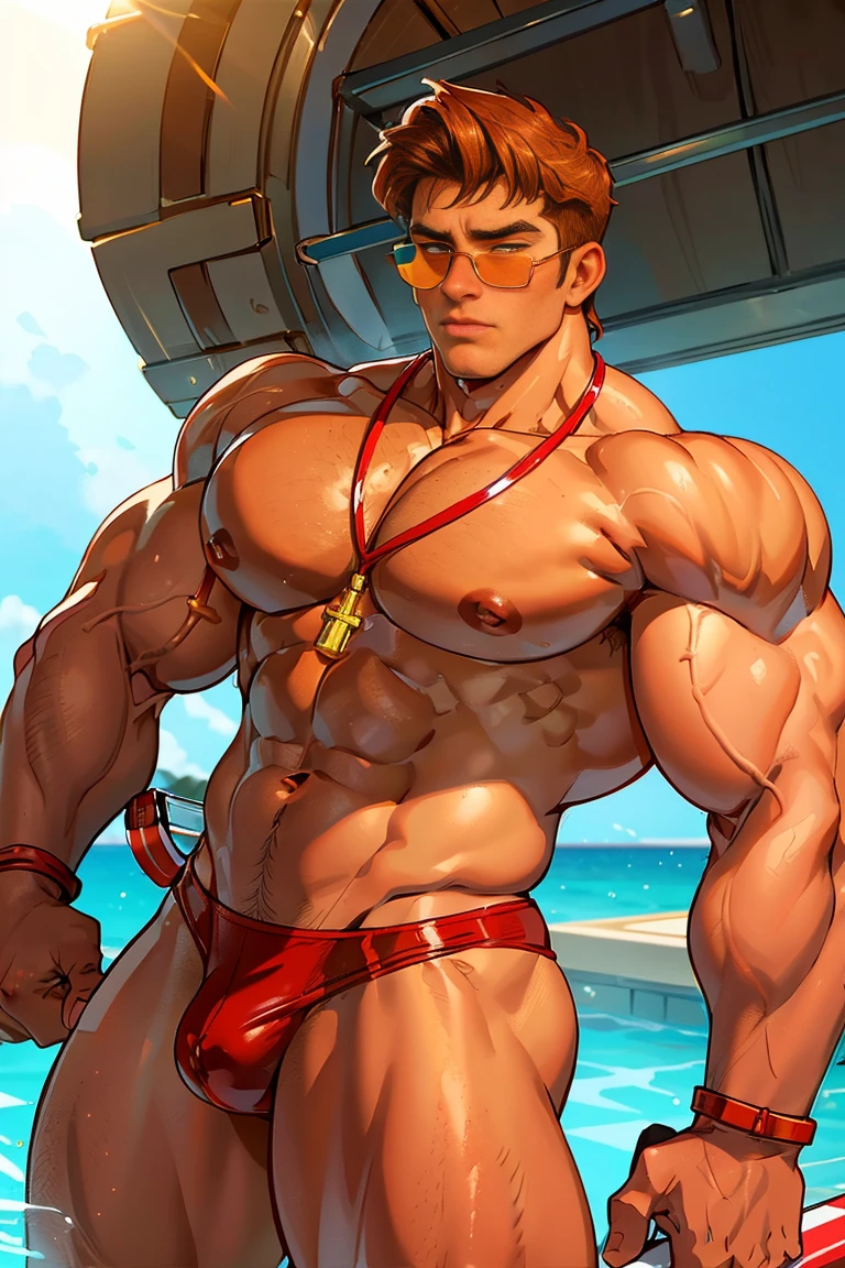 Lifeguard, tanned man, handsome masculine face, brown eyes, short blond hair, muscular body, huge chest, huge biceps, thick thighs, oily and shiny skin. He is wearing a small red thong with a white cross, sunglasses, a whistle hanging from his neck and a lifeguard board.
