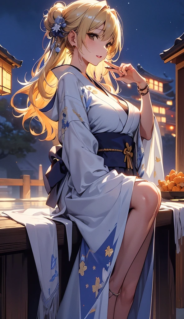 masterpiece, high quality, 4K, Beautiful design, silhouette，blonde， 非常に詳細な夜のStarry Sky,stall，Goldfish scooping， wonderful, Finer details,  Very knowledgeable woman, Highly detailed solo, 1 female,Big Breasts，Yukata in white color，Night view，Starry Sky，full moon，