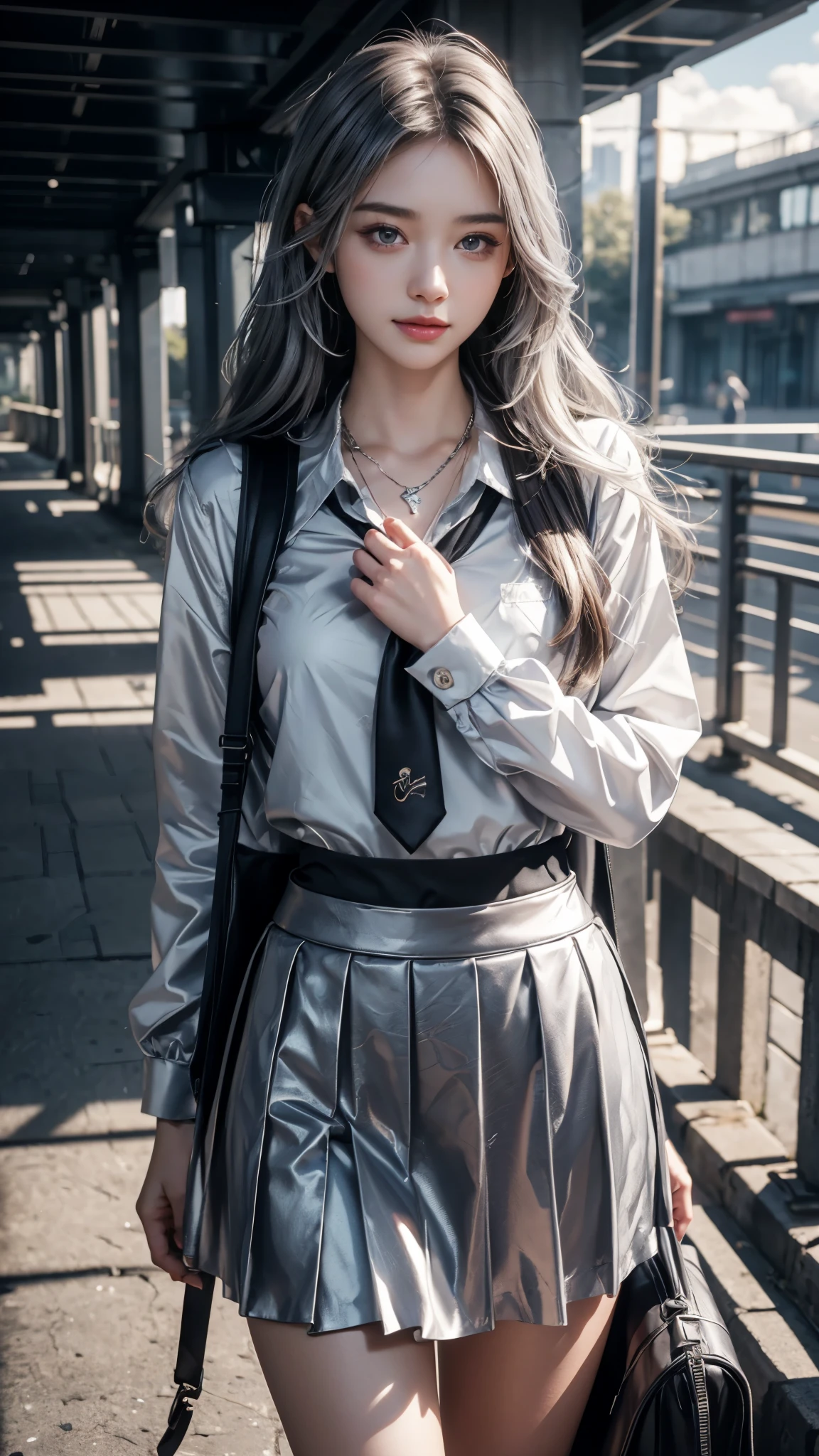 (anime:1.3), (fashion portrait:1.6), ultra detailed, beautiful, masterpiece, best quality, _ BREAK (1girl:1.2), 22 years old, 160 cm, Japanese cute model, Tightened all body, medium Breasts, small head, small face, diamond Face, small nose, Sharp Faceline, young hands and fingers, beautiful hands and fingers, five fingers, _ BREAK (Glossy Lips:1.3), (Light color lips, Half open mouth, beautiful Teeth:1.2), (dropy eyes, Double eyelid, Blue eyes:1.), _ BREAK (arranged hairstyle:1.3), (gray hair:1.3), _ BREAK (gray simple background:1.4), (blurry background, Fog, mist:1.2), _ BREAK (cowboy shot:1.7), (standing:1.6), (sexy model pose:1.6), BREAK (BLACK:1.2),
(Break the mold:1.2),
(CYBERPUNK theme:1.5), (sleek black bodysuit with LED trim),
BREAK
(OVERSIZED BLACK trench coat:1.3),
BREAK
(BLACK thigh-high boots with silver accents:1.3), (silver metallic details:1.2),
BREAK
(OVERSIZED:1.2), (7/8 sleeve:1.2), (sleek BLACK turtleneck:1.3),
BREAK
(Fitted:1.2), (BLACK A-line mini-skirt:1.4), (subtle silver zipper accents:1.2),